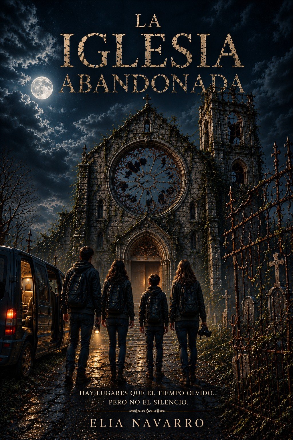 Portada de La Iglesia Abandonada, de Elia Navarro: cuatro jóvenes caminan de noche hacia una iglesia en ruinas bajo la luna